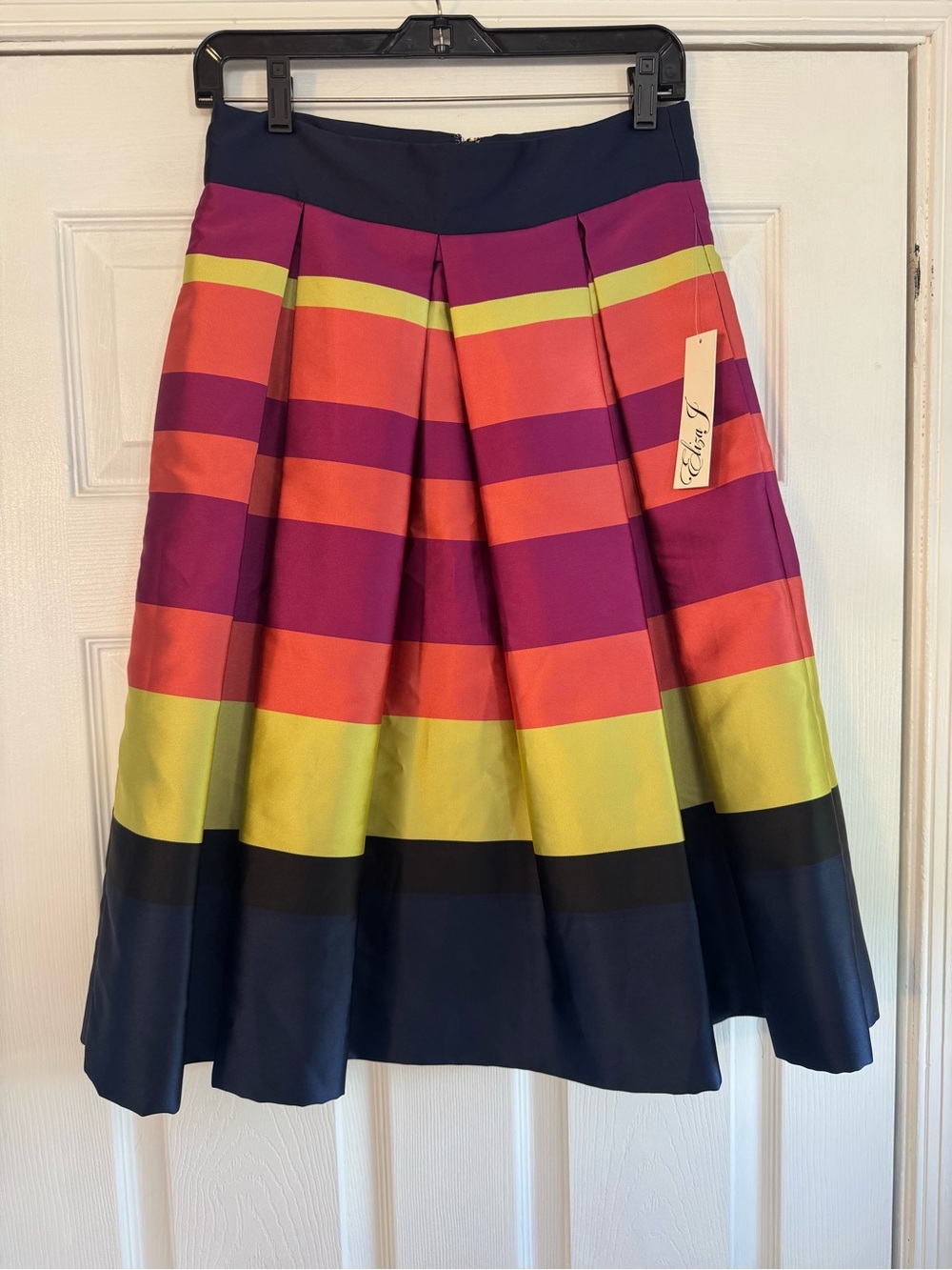 Eliza J Multicolor Striped Pleated A-Line Skirt — Navy, Fuchsia, Orange & Lime